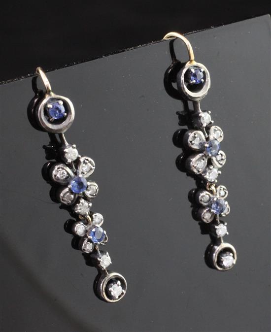A pair of Edwardian gold and silver, sapphire and diamond set drop earrings, 1.5in.